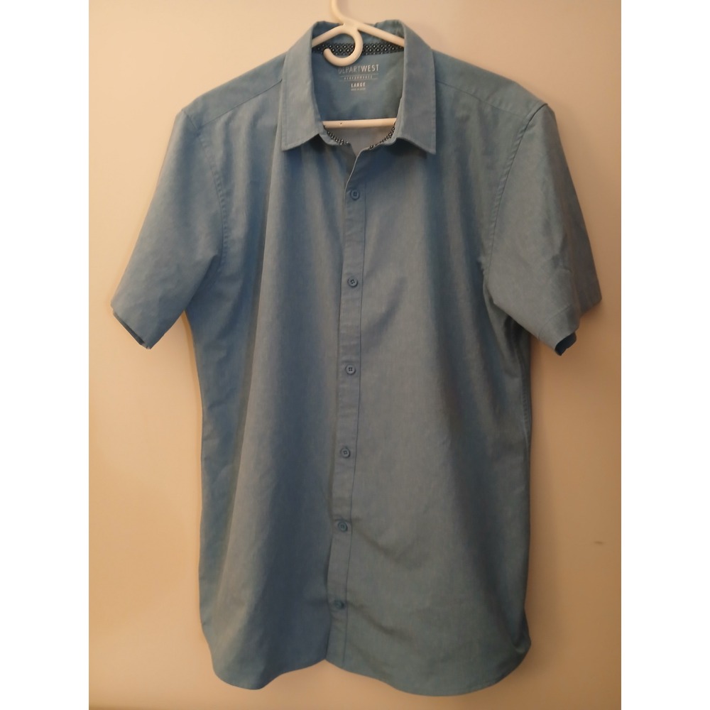 Departwest Performance Mens Large Blue Short Sleeve Button Down Shi
